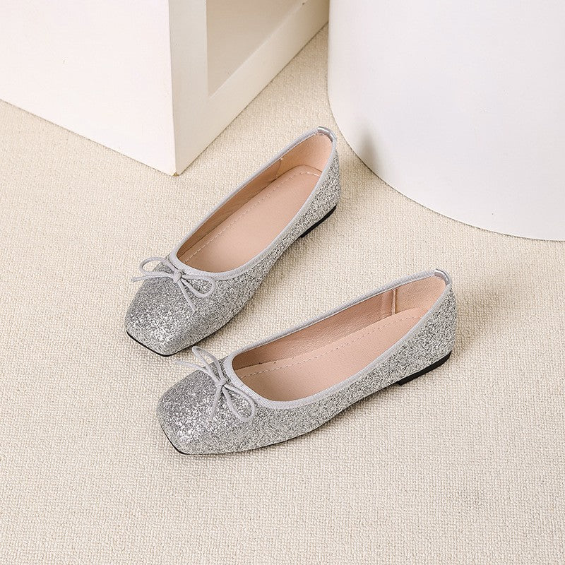 Glitter Square Toe Bow Ballet Flats