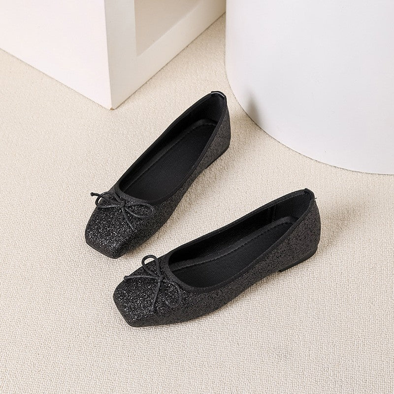 Glitter Square Toe Bow Ballet Flats