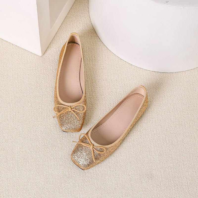 Glitter Square Toe Bow Ballet Flats