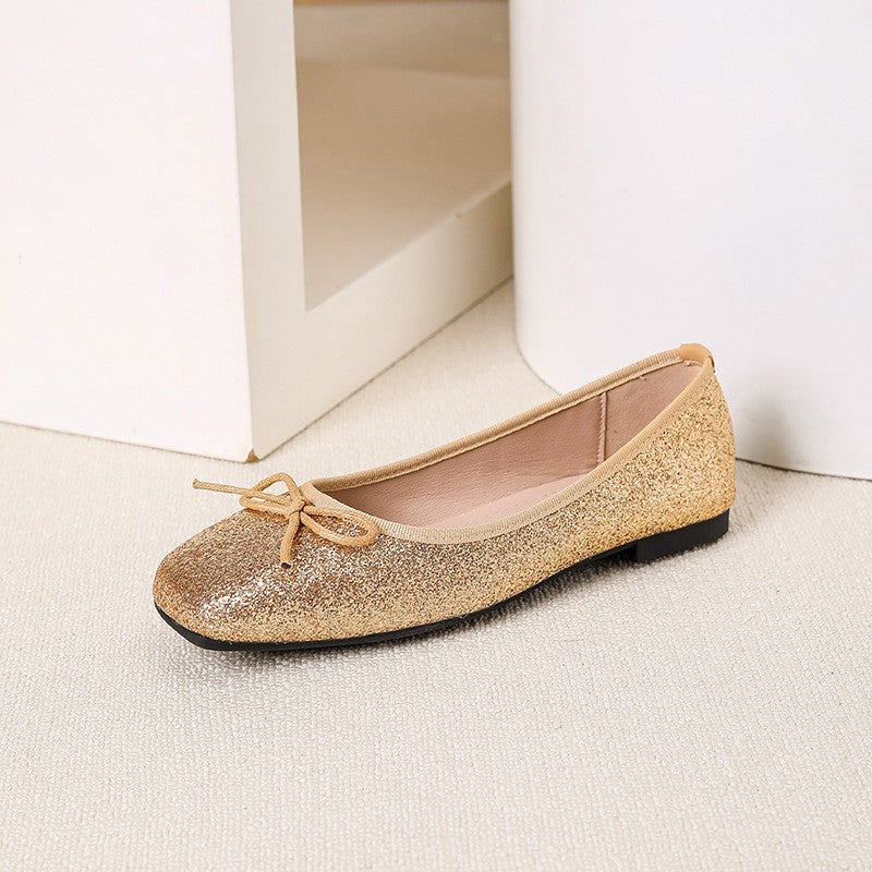 Glitter Square Toe Bow Ballet Flats