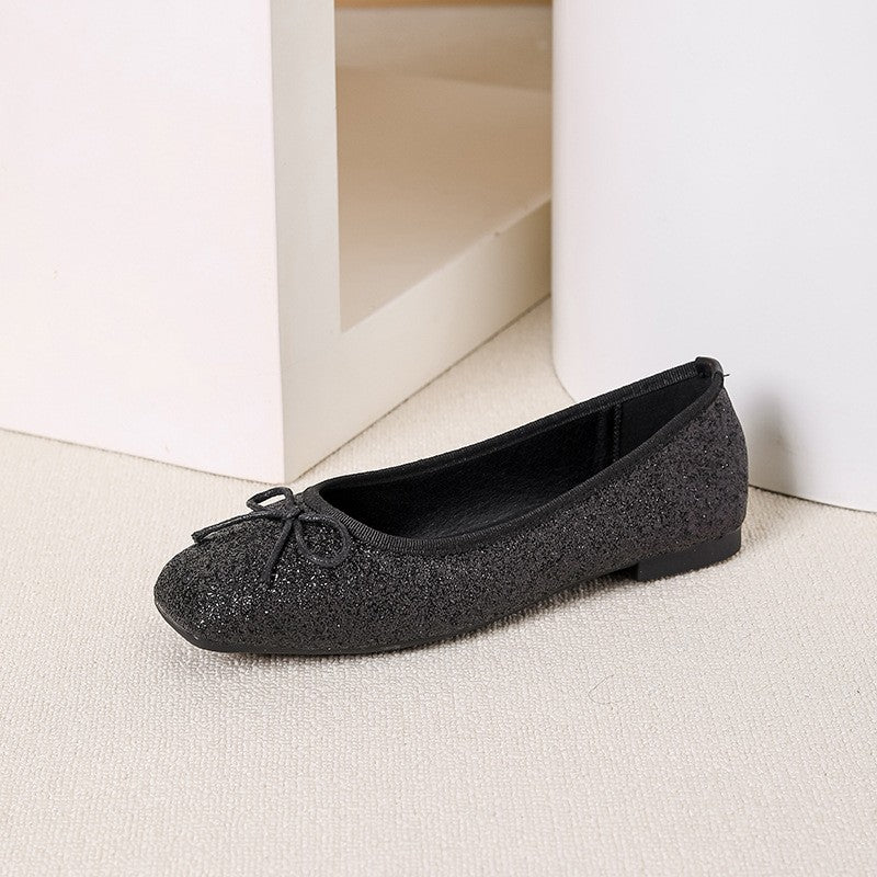 Glitter Square Toe Bow Ballet Flats