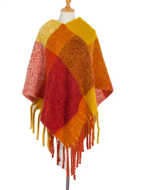 Colorblock Fringed Knit Poncho Wrap - Ginger