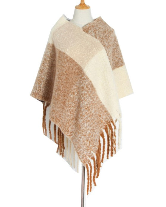 Colorblock Fringed Knit Poncho Wrap - Khaki