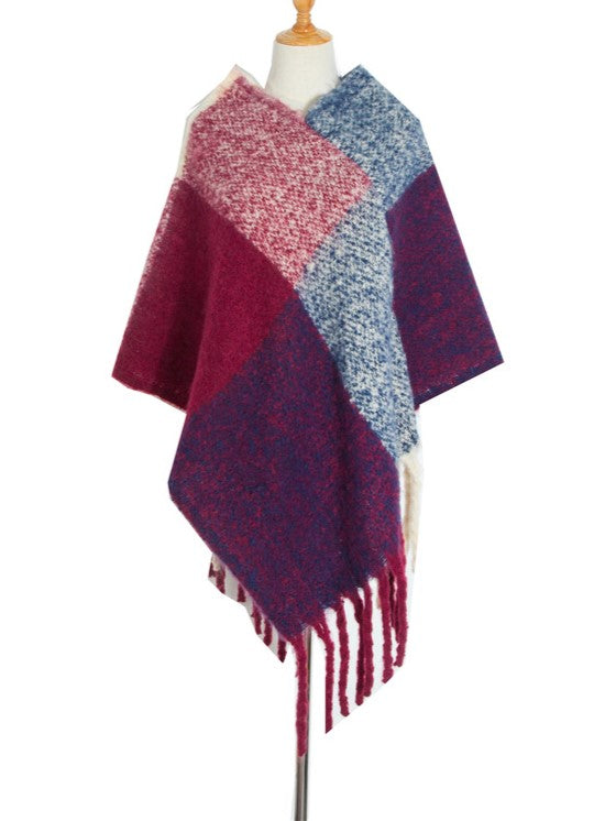 Colorblock Fringed Knit Poncho Wrap - Purple