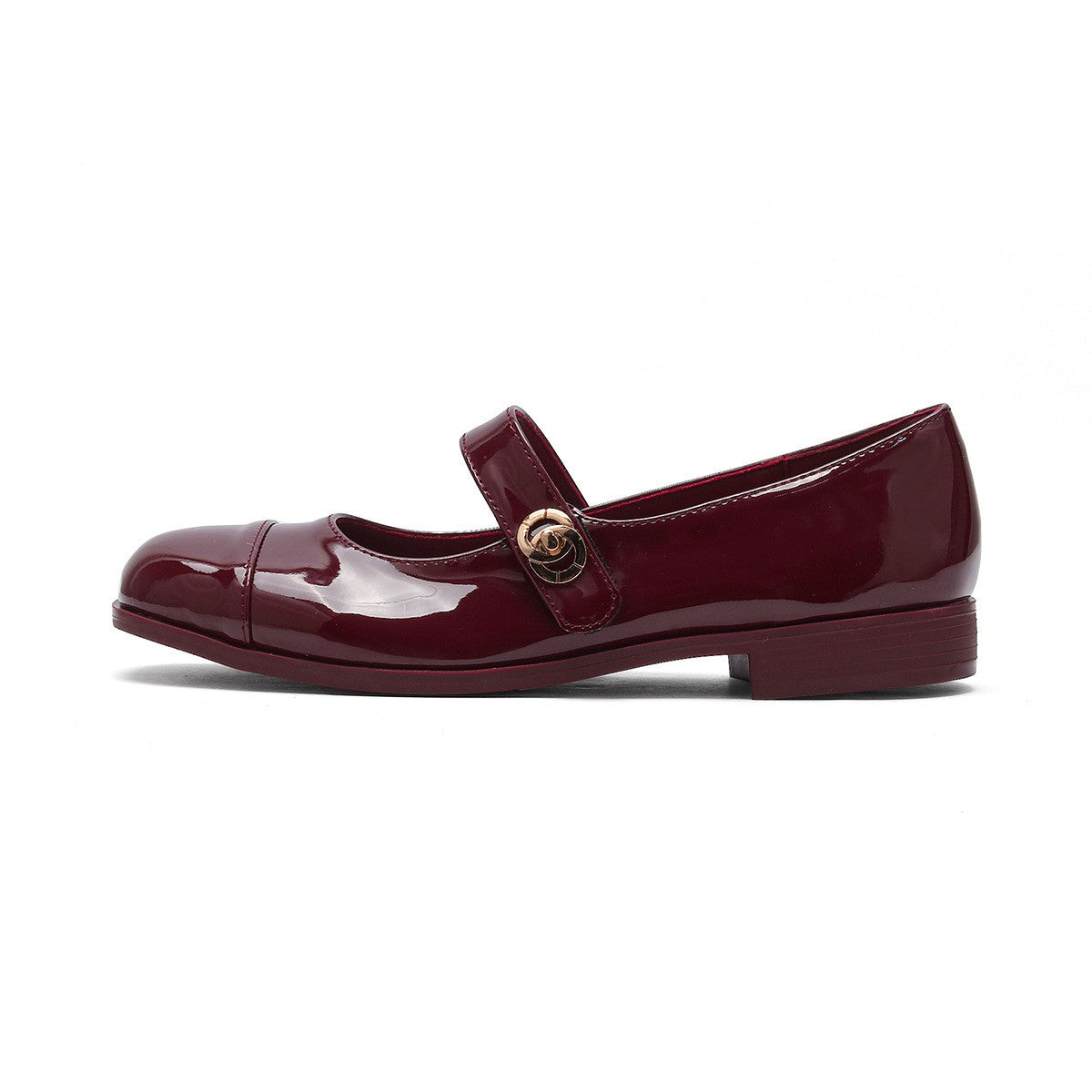 Glossy Patent Round Toe Mary Jane Flats - Wine Red