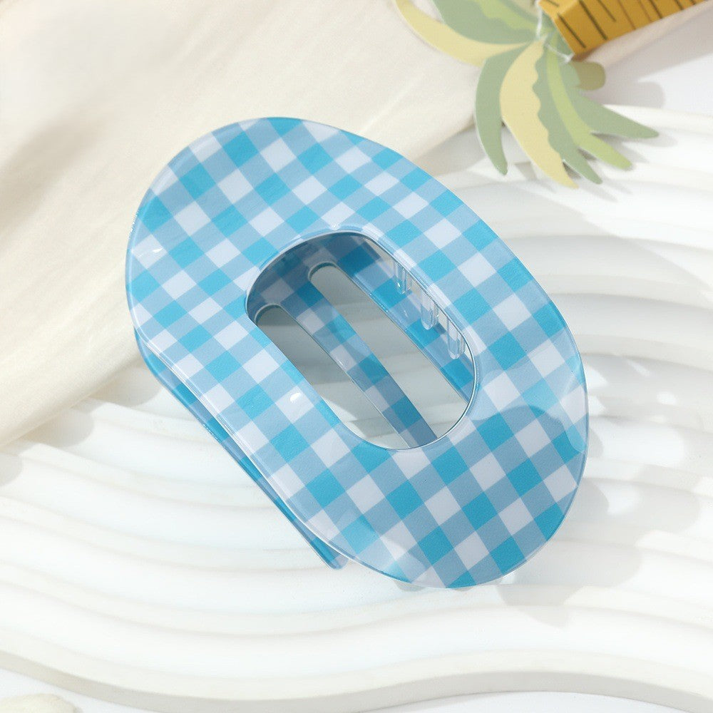 Gingham Check Oval Claw Hair Clip - Blue