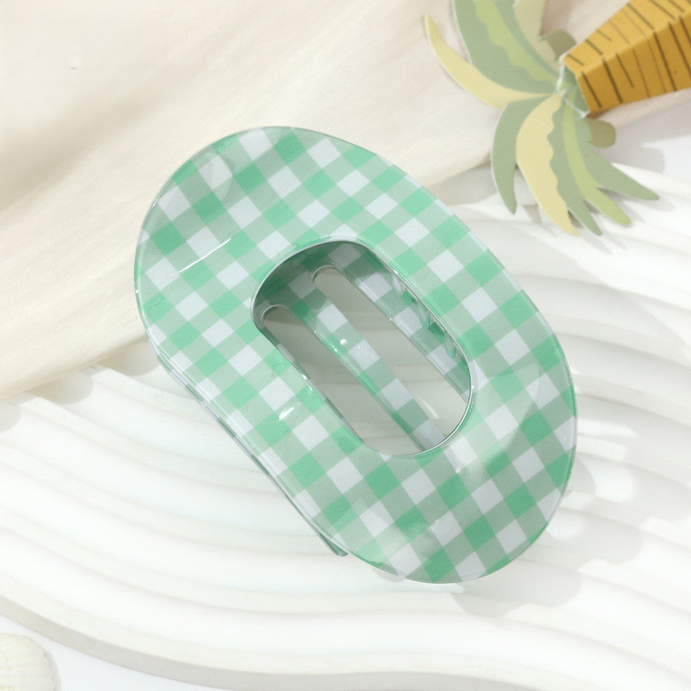 Gingham Check Oval Claw Hair Clip - Green