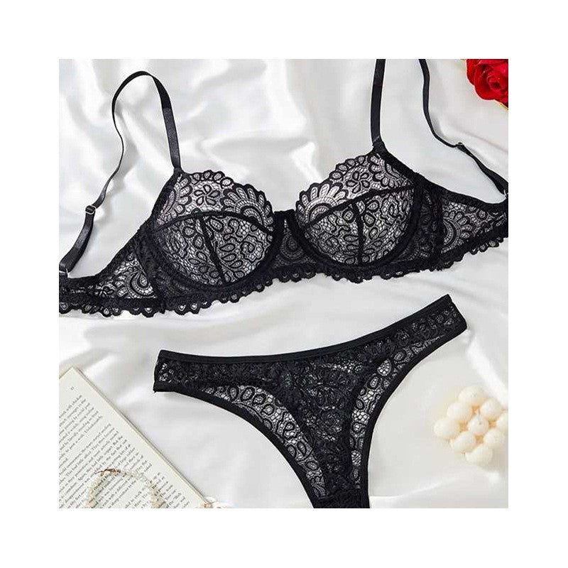 Floral Lace Underwire Bra And Thong Set - Black