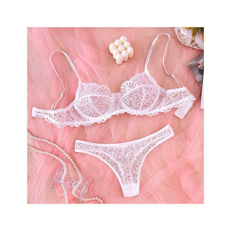 Floral Lace Underwire Bra And Thong Set - White