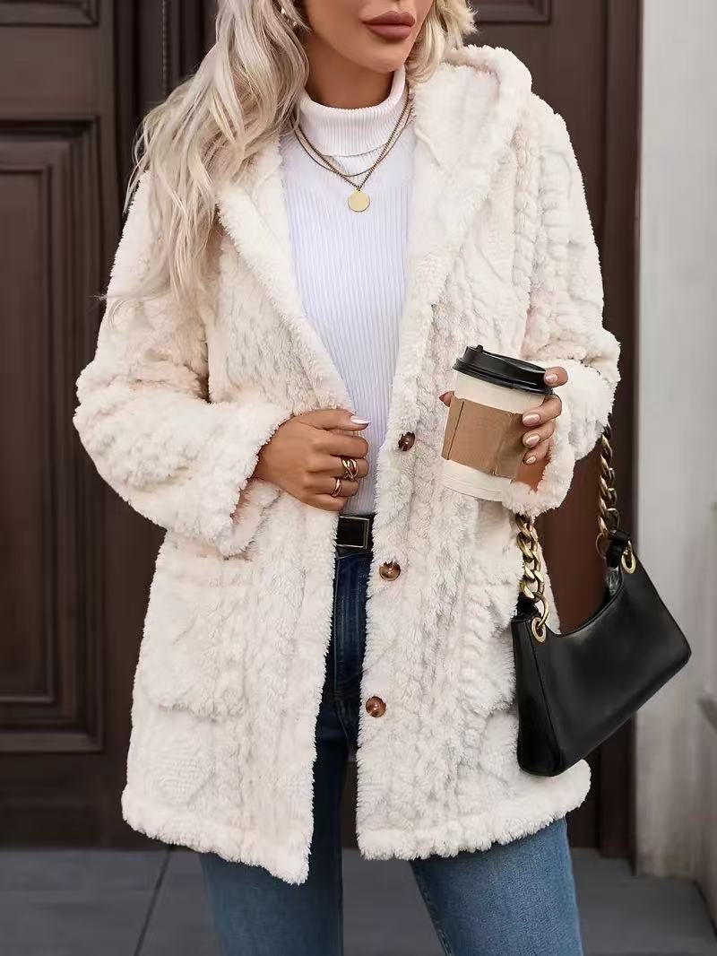 Hooded Plush Fleece Button Front Cardigan - White
