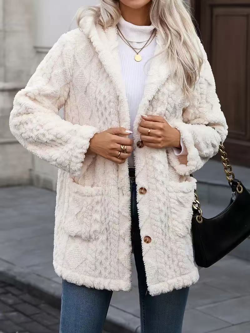 Hooded Plush Fleece Button Front Cardigan - White - 1