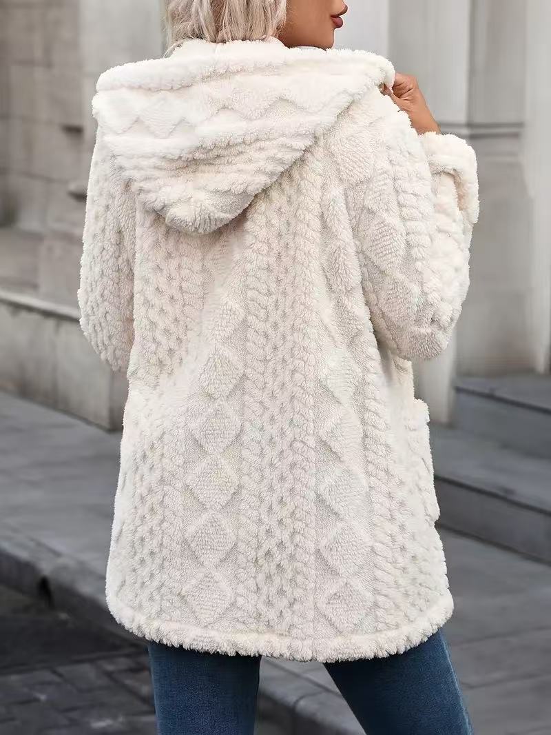 Hooded Plush Fleece Button Front Cardigan - White - 2