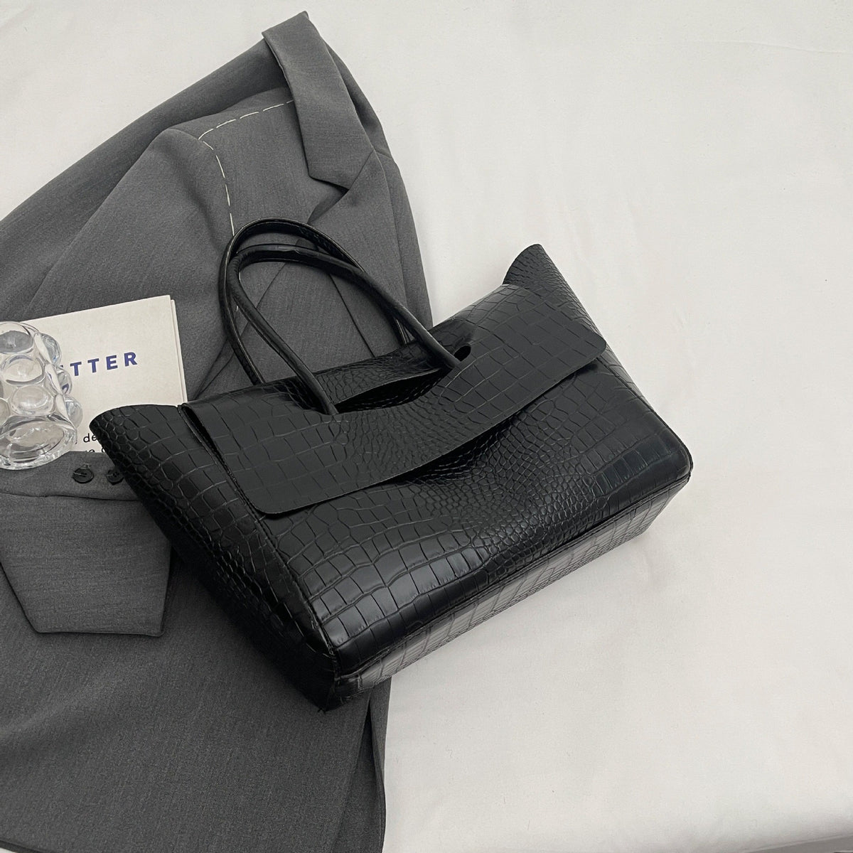 Croc Embossed Winged Flap Tote Bag - Black