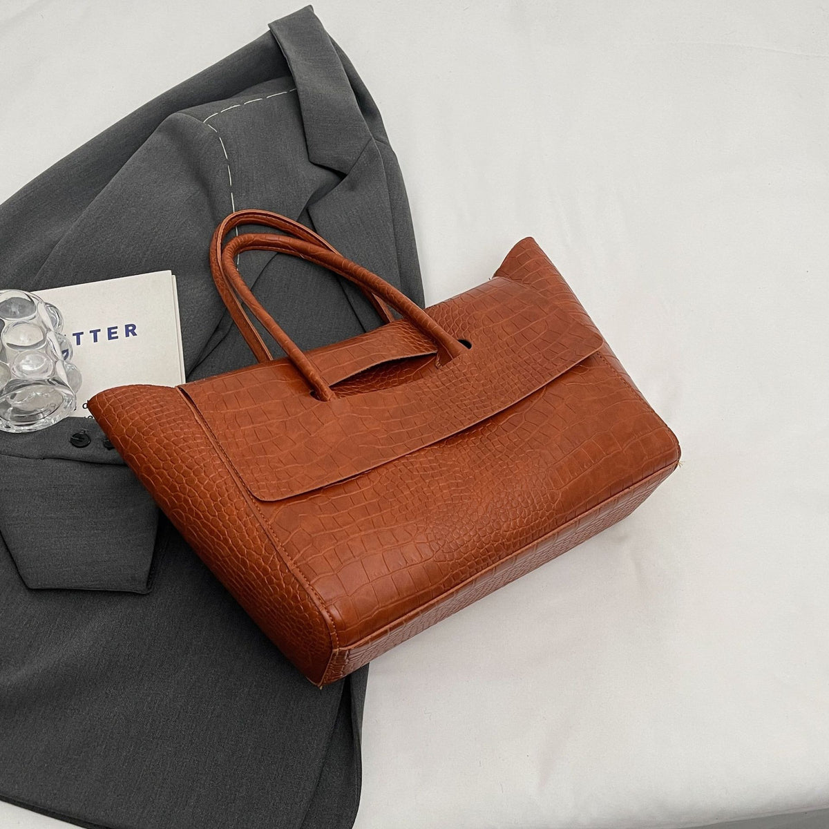 Croc Embossed Winged Flap Tote Bag