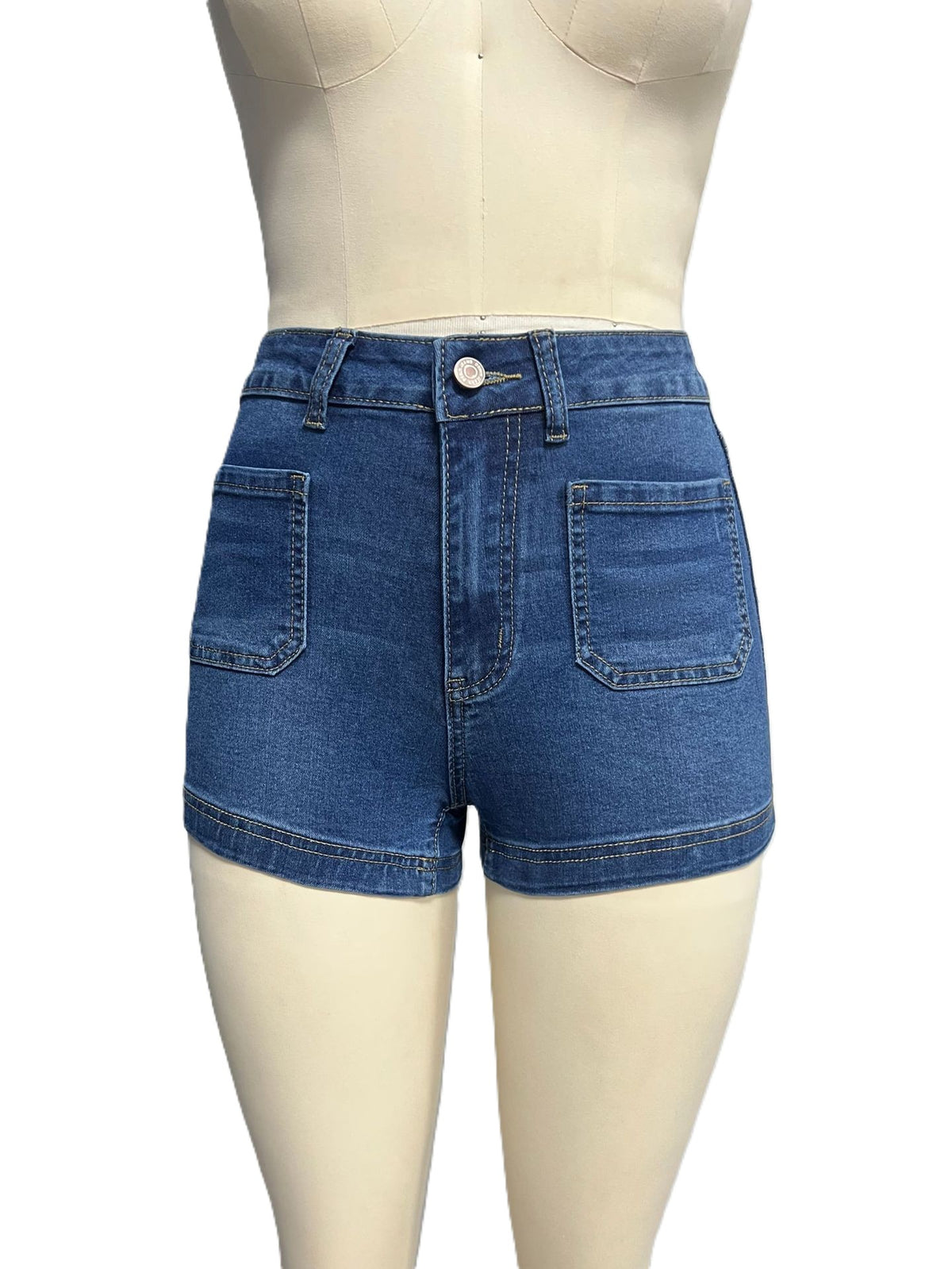 High Waisted Patch Pocket Stretch Denim Shorts - DarkBlue