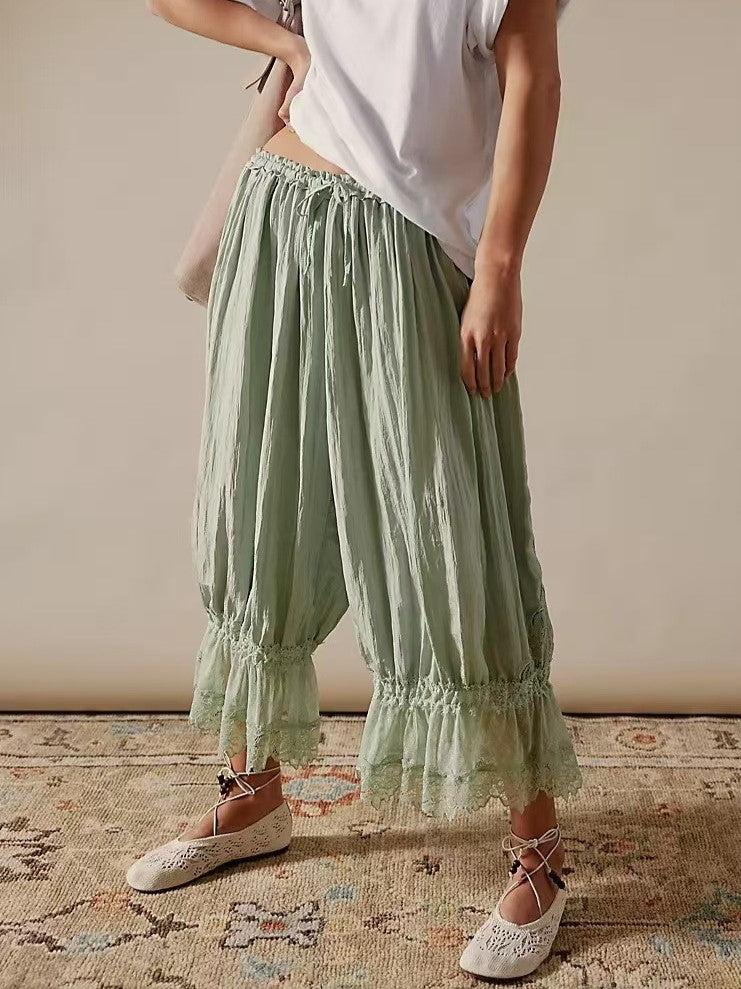 Lace Trim Ruffle Hem Bloomer Pants - Blue