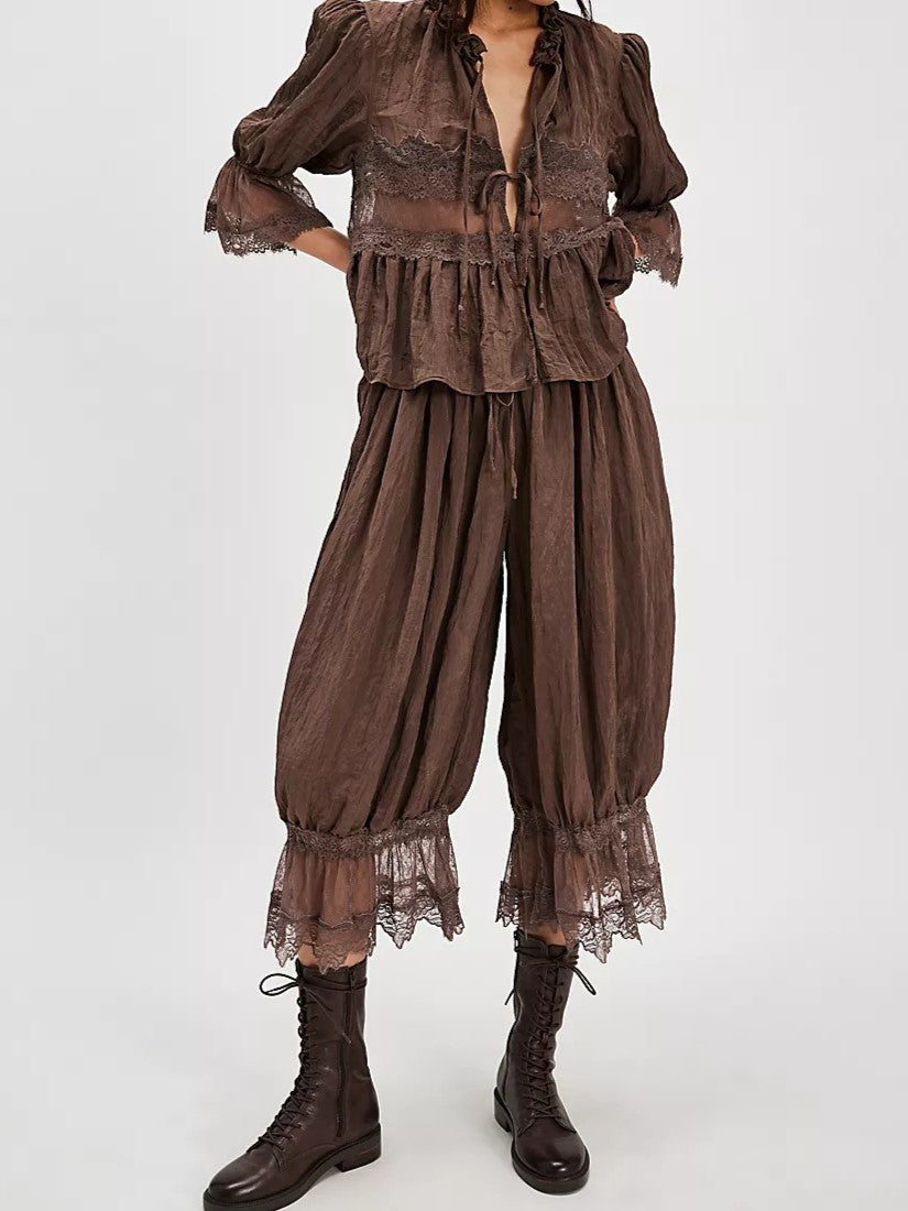 Lace Trim Ruffle Hem Bloomer Pants - Coffee