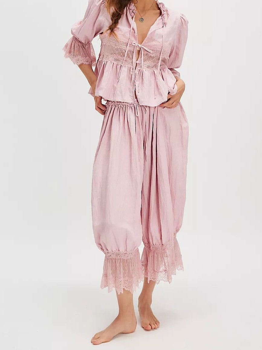 Lace Trim Ruffle Hem Bloomer Pants - Peach