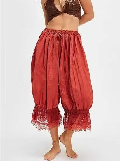 Lace Trim Ruffle Hem Bloomer Pants - Red