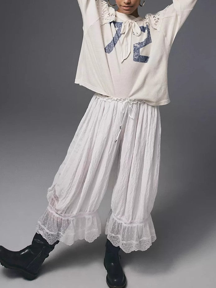 Lace Trim Ruffle Hem Bloomer Pants - White - 1