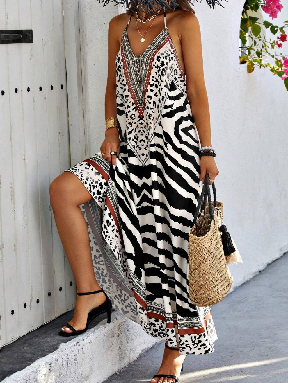 Animal Print Open Back Maxi Beach Dress - Black