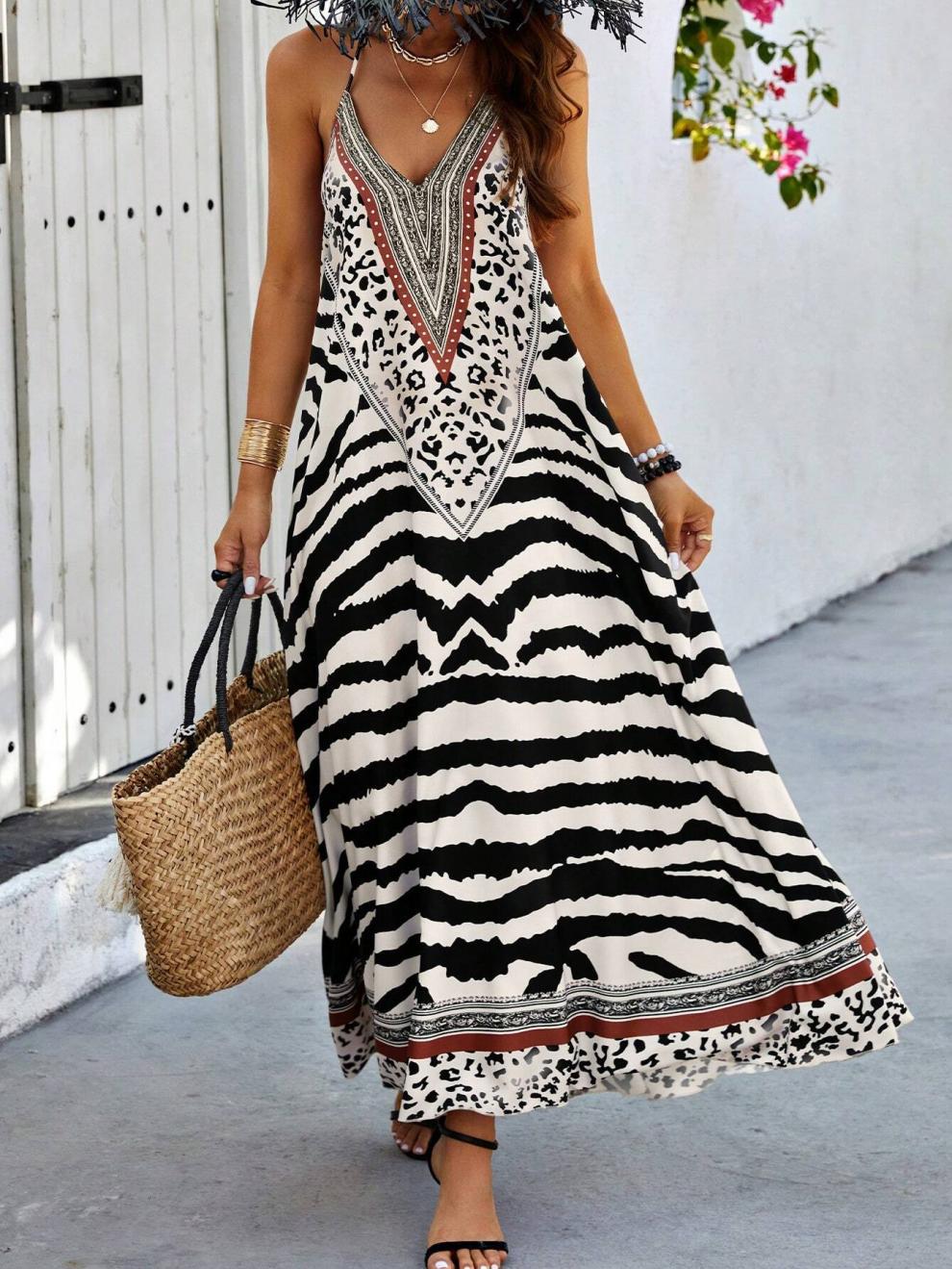 Animal Print Open Back Maxi Beach Dress - Black - 6