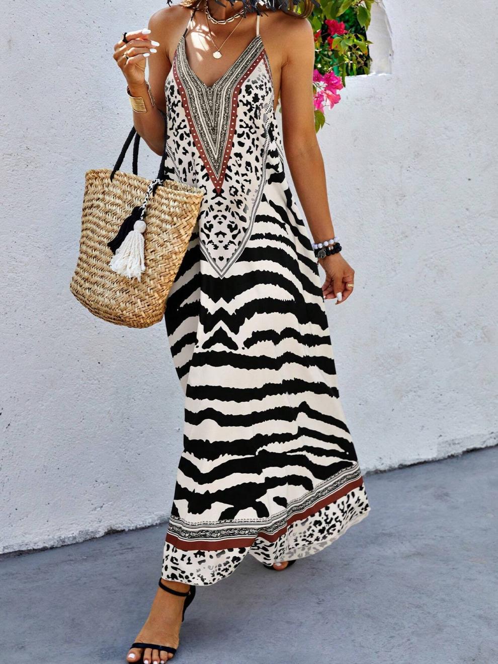 Animal Print Open Back Maxi Beach Dress - Black - 7