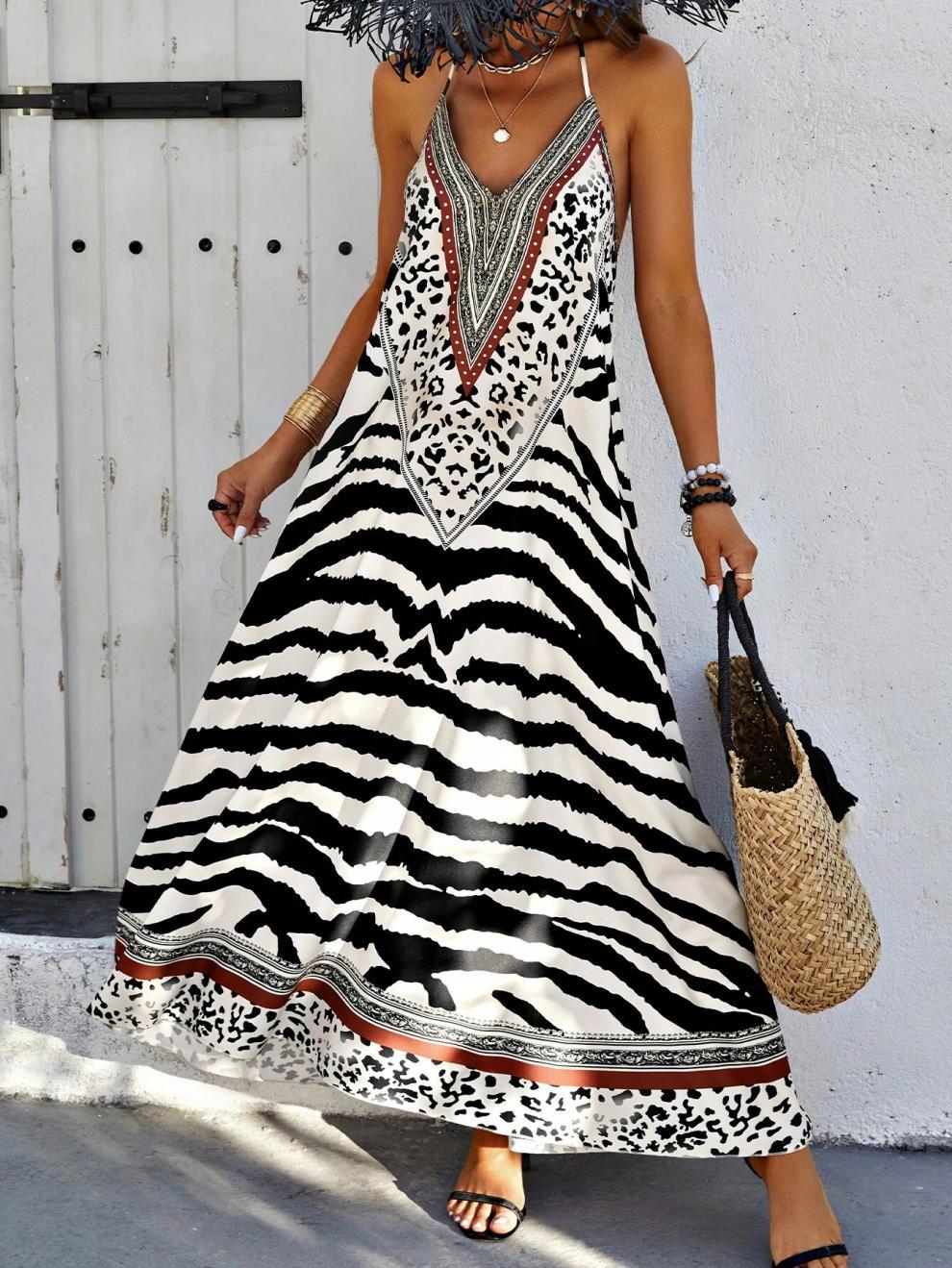 Animal Print Open Back Maxi Beach Dress - Black - 8
