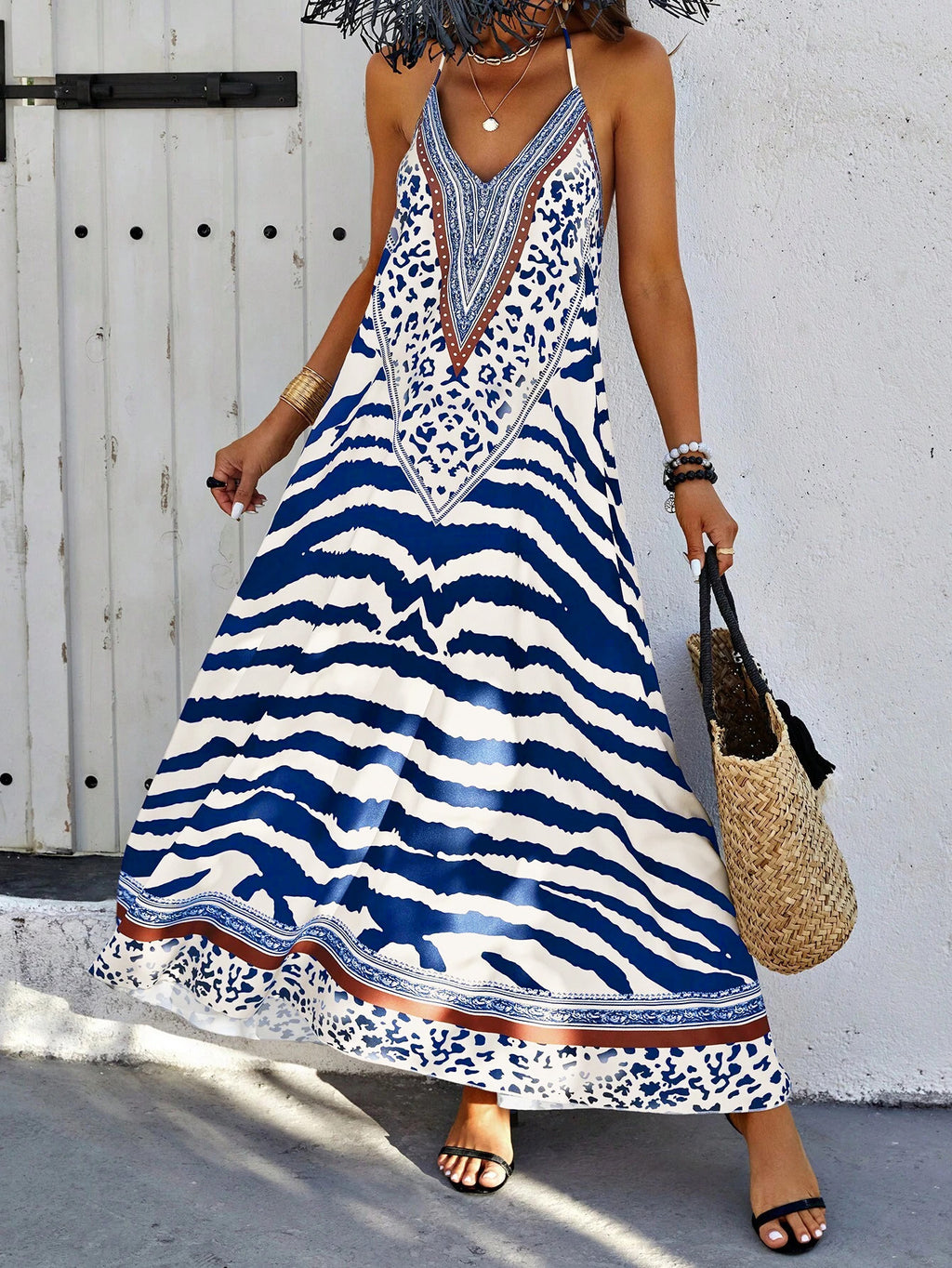 Animal Print Open Back Maxi Beach Dress - DarkBlue