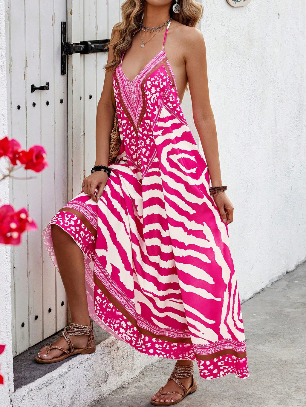 Animal Print Open Back Maxi Beach Dress - Pink