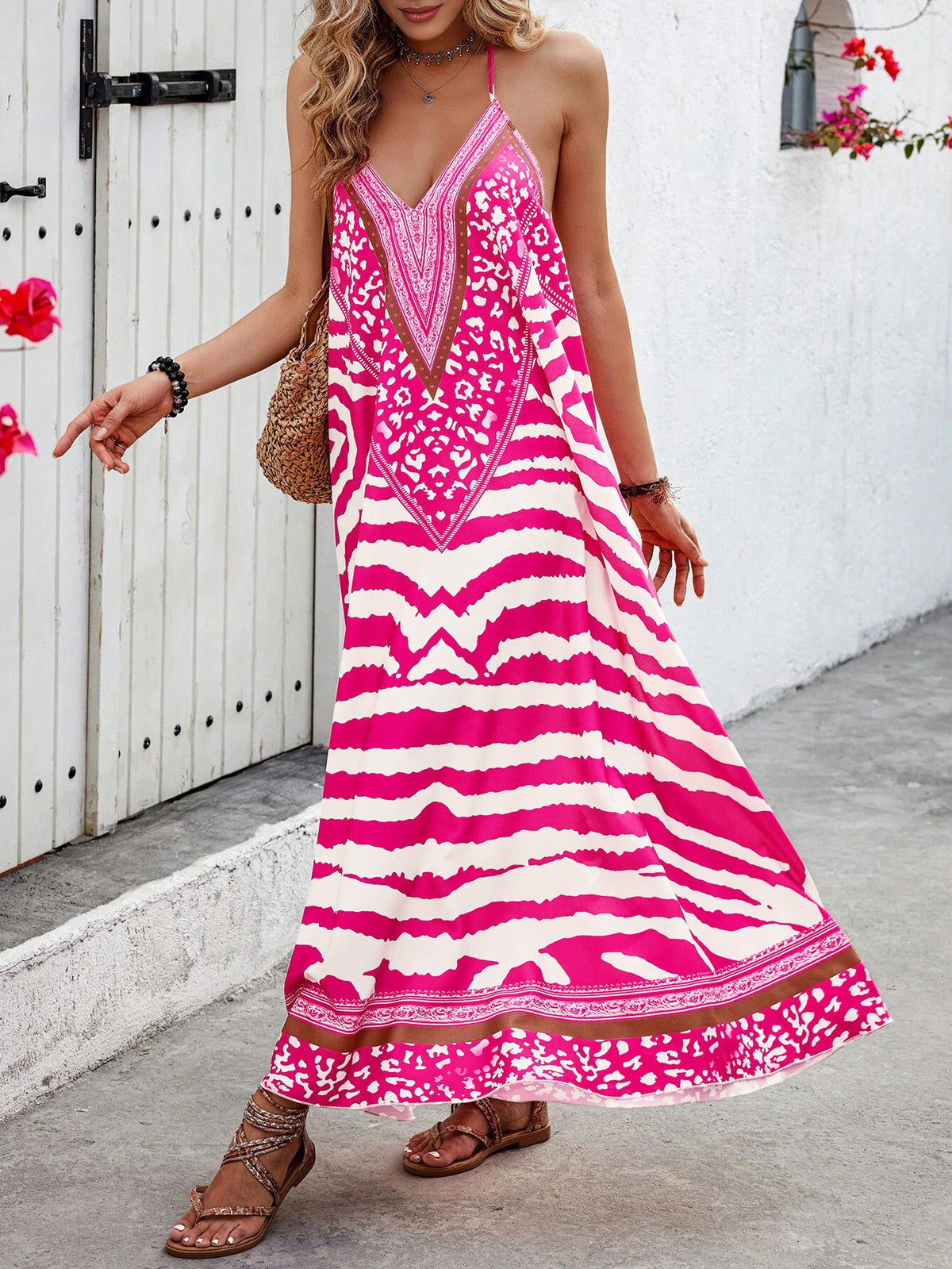 Animal Print Open Back Maxi Beach Dress - Pink - 1