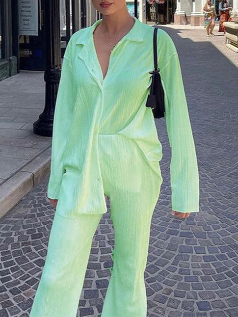 Micro Pleated Shirt And Wide Leg Pant Set - Applegreen