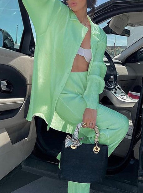 Micro Pleated Shirt And Wide Leg Pant Set - Applegreen - 1