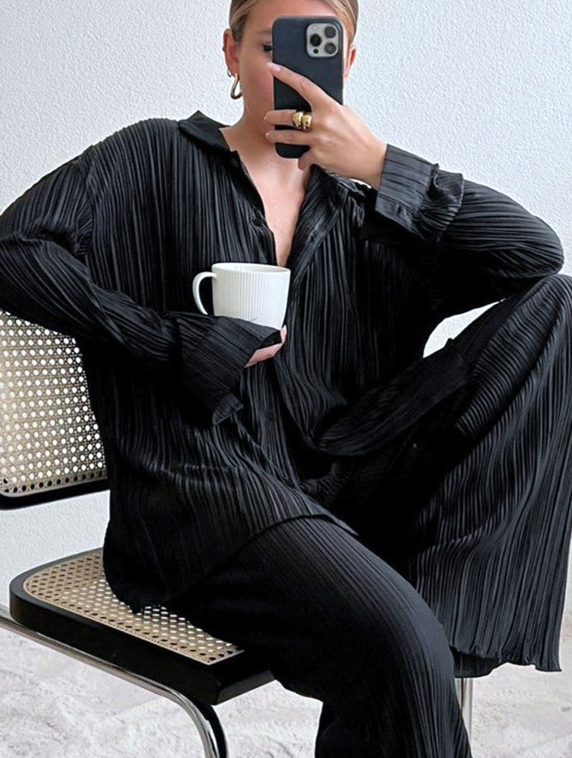 Micro Pleated Shirt And Wide Leg Pant Set - Black - 1