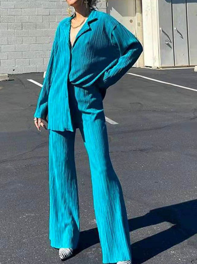 Micro Pleated Shirt And Wide Leg Pant Set - Blue - 1