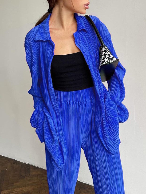 Micro Pleated Shirt And Wide Leg Pant Set - Darkblue