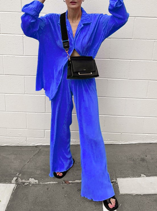 Micro Pleated Shirt And Wide Leg Pant Set - Darkblue - 1