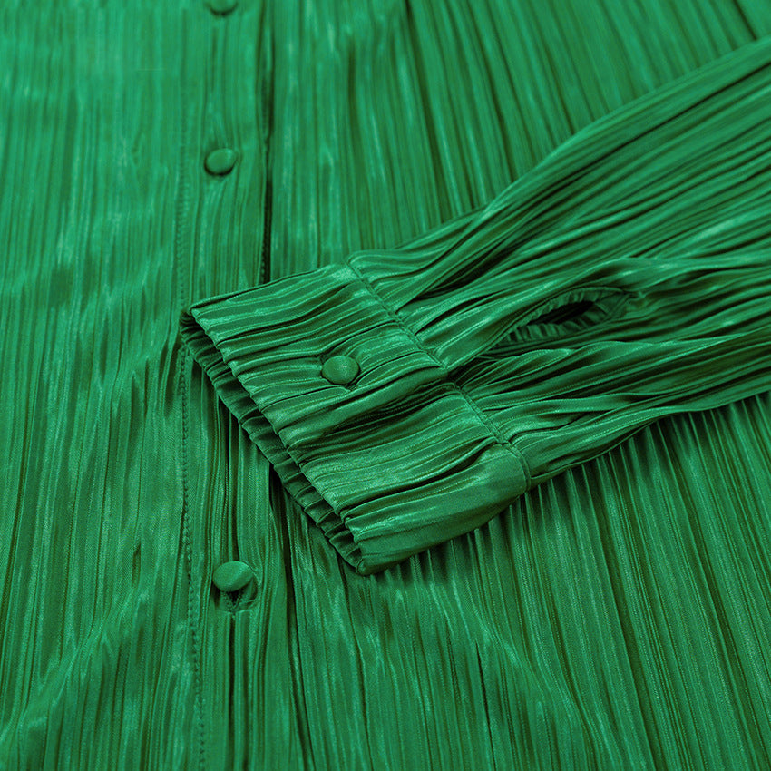 Micro Pleated Shirt And Wide Leg Pant Set - Green - 3