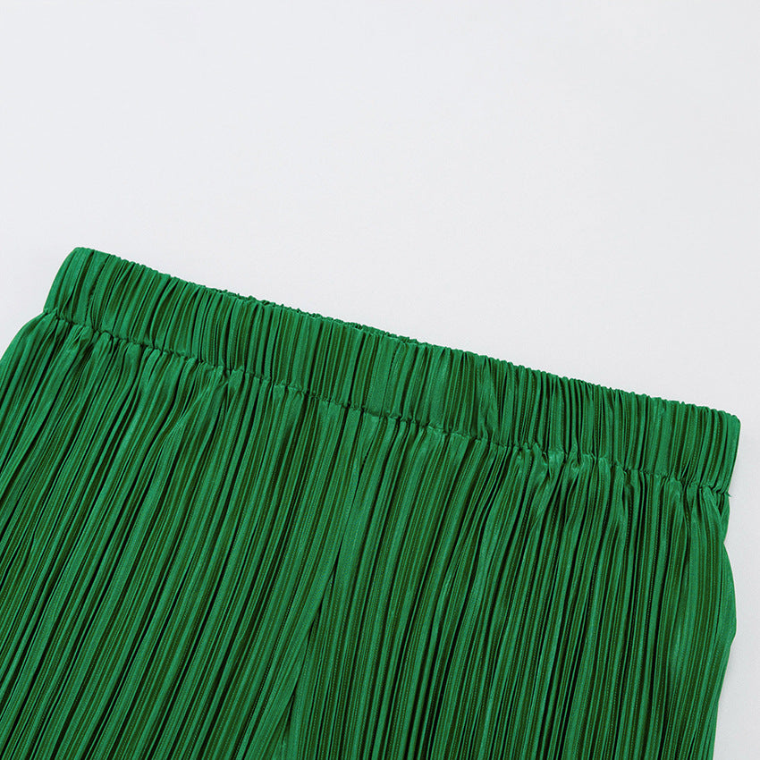Micro Pleated Shirt And Wide Leg Pant Set - Green - 5