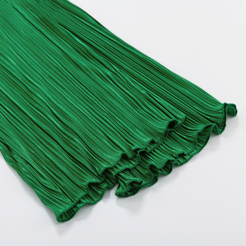 Micro Pleated Shirt And Wide Leg Pant Set - Green - 6