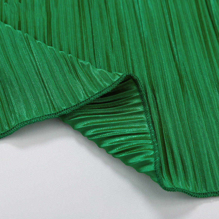 Micro Pleated Shirt And Wide Leg Pant Set - Green - 7