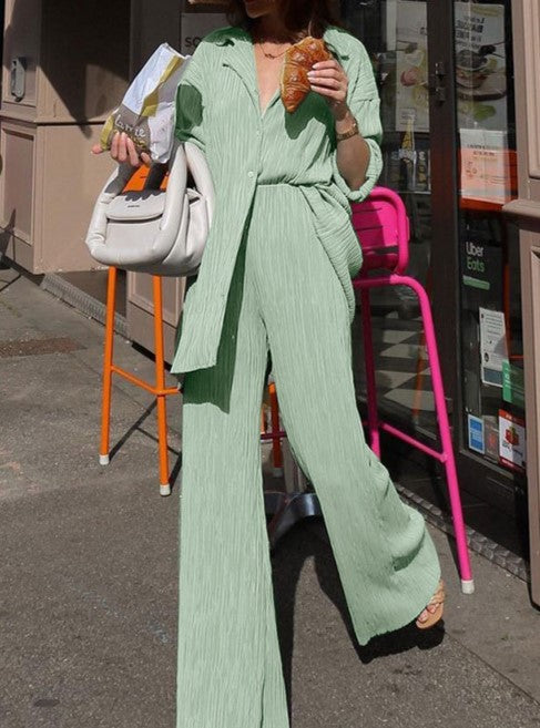 Micro Pleated Shirt And Wide Leg Pant Set - Greygreen