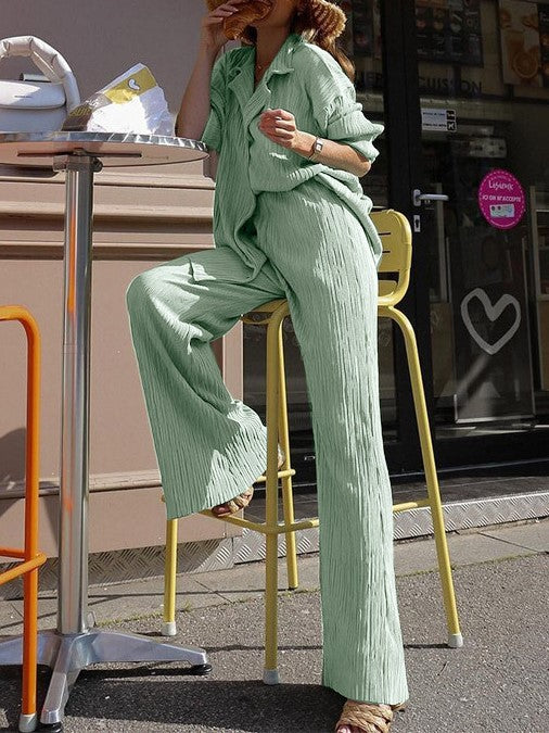 Micro Pleated Shirt And Wide Leg Pant Set - Greygreen - 1