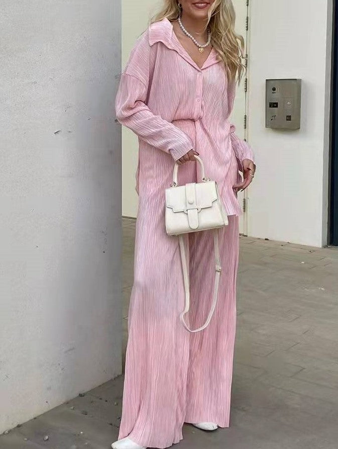 Micro Pleated Shirt And Wide Leg Pant Set - Pink