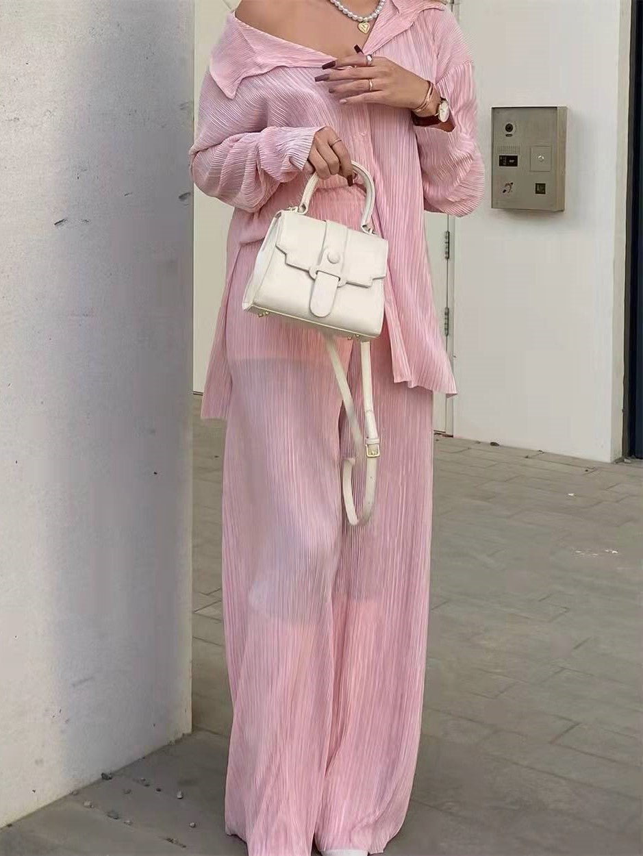 Micro Pleated Shirt And Wide Leg Pant Set - Pink - 1