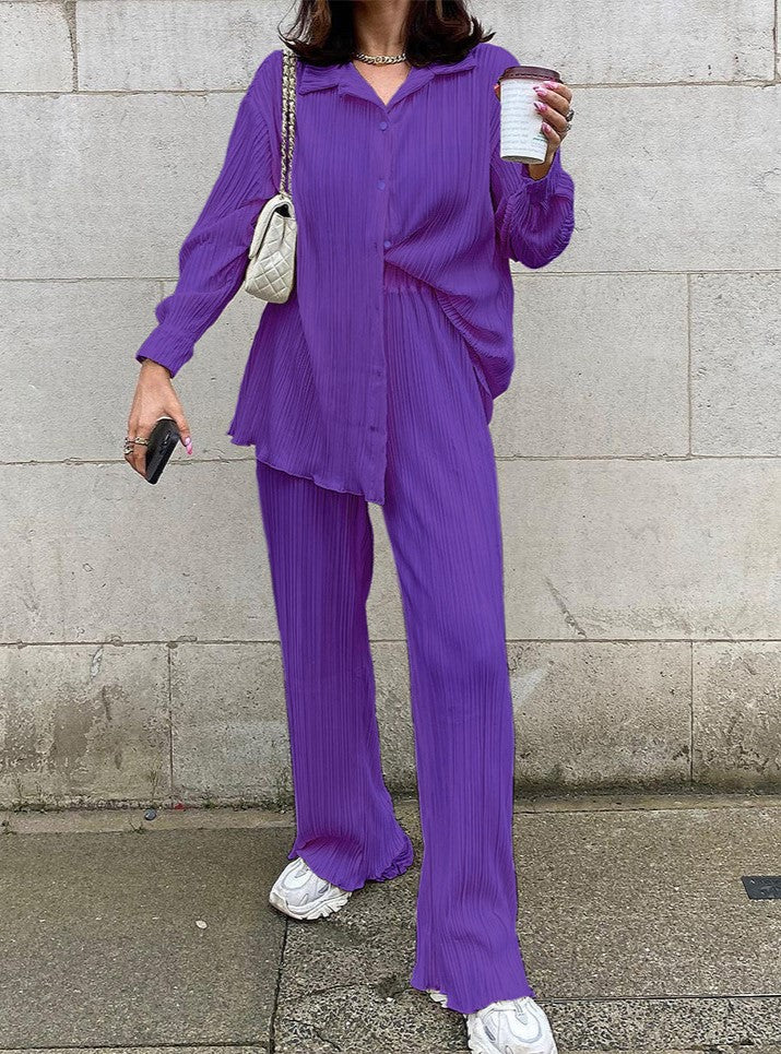 Micro Pleated Shirt And Wide Leg Pant Set - Purple