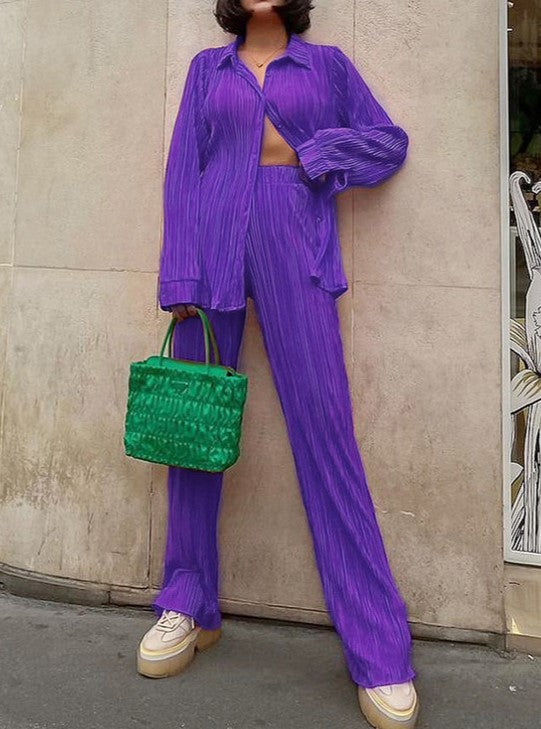 Micro Pleated Shirt And Wide Leg Pant Set - Purple - 1