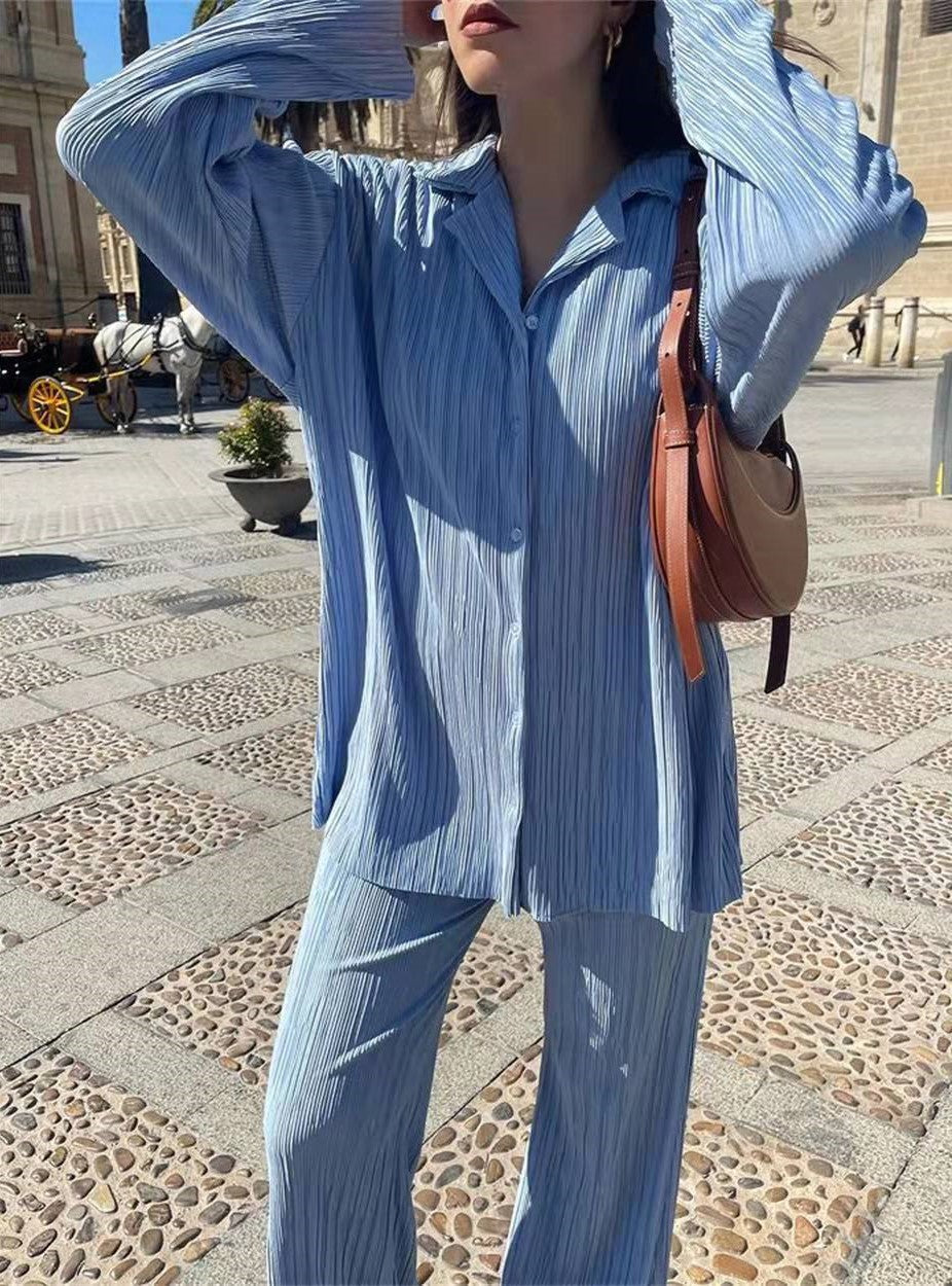 Micro Pleated Shirt And Wide Leg Pant Set - Skyblue