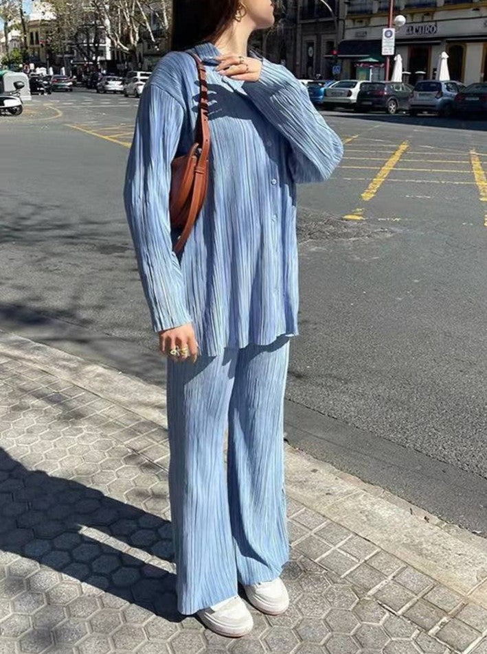 Micro Pleated Shirt And Wide Leg Pant Set - Skyblue - 1