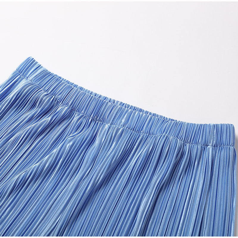 Micro Pleated Shirt And Wide Leg Pant Set - Skyblue - 2